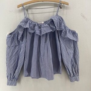 Parker Cold Shoulder Blouse Womens XS Stripe Ruffle Cotton Coastal Luxury Preppy